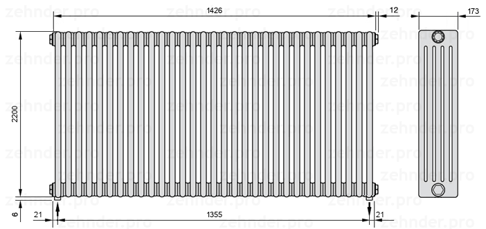 Схема (чертеж) Радиатор Zehnder Charleston 5220/31 №3570 Белый глянцевый RAL 9016